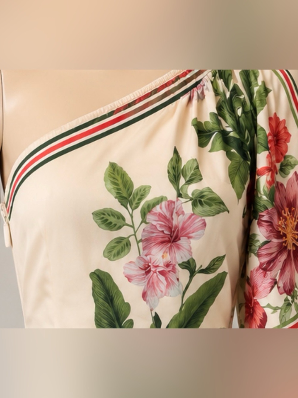 New One-Shoulder Floral Dress in Cream and Green with Pink Blooms - Picture 3 of 3